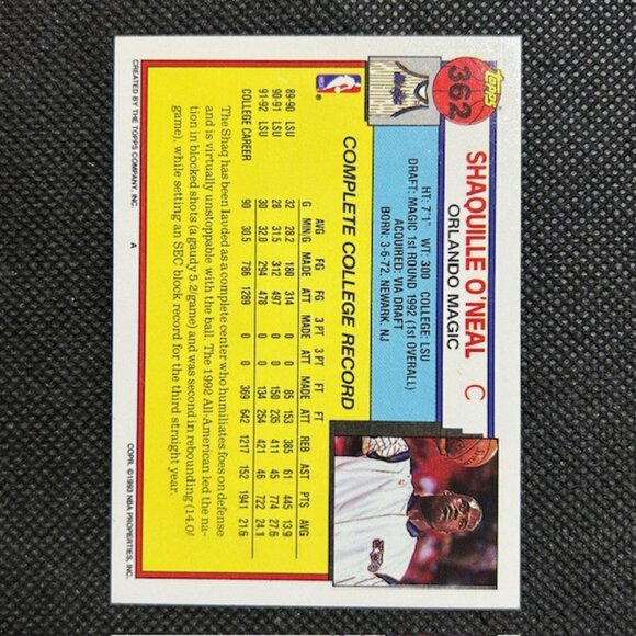 1992-93 Topps #362 Shaquille O'Neal RC Rookie Card Orlando Magic - Picture 2 of 2